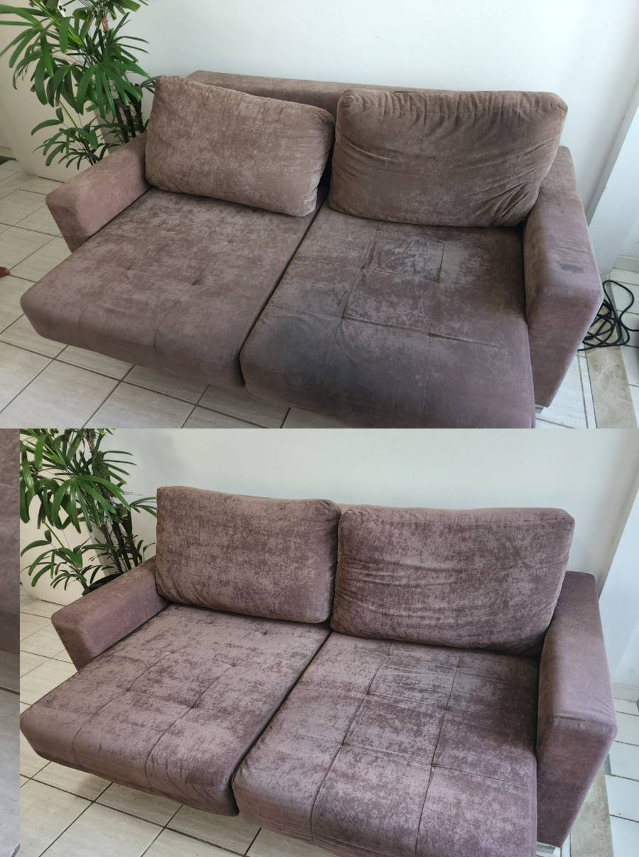 Remoção de manchas no sofá antes e depois